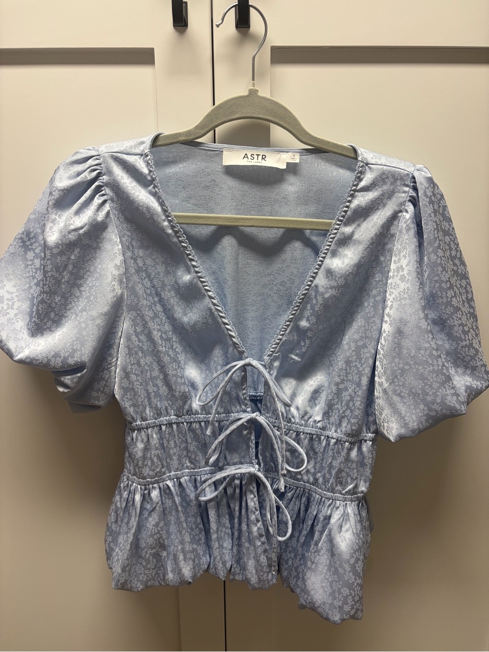 ASTR Pale Blue Floral Satin Tie-Front Top